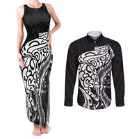 New Zealand Eel Couples Matching Tank Maxi Dress and Long Sleeve Button Shirt Tuna Aotearoa Maori Patten - Black LT14 Black - Polynesian Pride