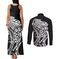 New Zealand Eel Couples Matching Tank Maxi Dress and Long Sleeve Button Shirt Tuna Aotearoa Maori Patten - Black LT14 - Polynesian Pride