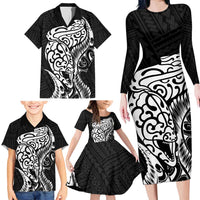New Zealand Eel Family Matching Long Sleeve Bodycon Dress and Hawaiian Shirt Tuna Aotearoa Maori Patten - Black LT14 - Polynesian Pride