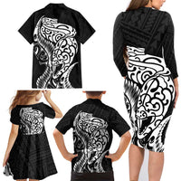 New Zealand Eel Family Matching Long Sleeve Bodycon Dress and Hawaiian Shirt Tuna Aotearoa Maori Patten - Black LT14 - Polynesian Pride