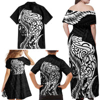 New Zealand Eel Family Matching Off Shoulder Maxi Dress and Hawaiian Shirt Tuna Aotearoa Maori Patten - Black LT14 - Polynesian Pride