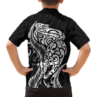 New Zealand Eel Family Matching Off Shoulder Short Dress and Hawaiian Shirt Tuna Aotearoa Maori Patten - Black LT14 - Polynesian Pride