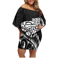 New Zealand Eel Family Matching Off Shoulder Short Dress and Hawaiian Shirt Tuna Aotearoa Maori Patten - Black LT14 Mom's Dress Black - Polynesian Pride
