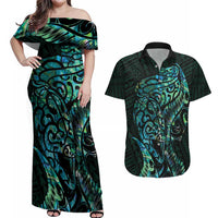 New Zealand Eel Couples Matching Off Shoulder Maxi Dress and Hawaiian Shirt Tuna Aotearoa Maori With Paua Shell - Turquoise LT14 Turquoise - Polynesian Pride