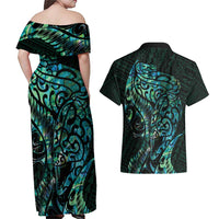 New Zealand Eel Couples Matching Off Shoulder Maxi Dress and Hawaiian Shirt Tuna Aotearoa Maori With Paua Shell - Turquoise LT14 - Polynesian Pride