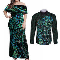 New Zealand Eel Couples Matching Off Shoulder Maxi Dress and Long Sleeve Button Shirt Tuna Aotearoa Maori With Paua Shell - Turquoise LT14 Turquoise - Polynesian Pride