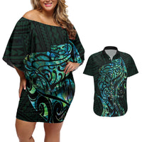 New Zealand Eel Couples Matching Off Shoulder Short Dress and Hawaiian Shirt Tuna Aotearoa Maori With Paua Shell - Turquoise LT14 Turquoise - Polynesian Pride
