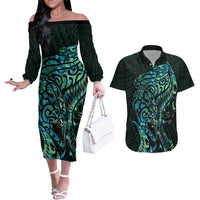 New Zealand Eel Couples Matching Off The Shoulder Long Sleeve Dress and Hawaiian Shirt Tuna Aotearoa Maori With Paua Shell - Turquoise LT14 Turquoise - Polynesian Pride
