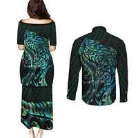 New Zealand Eel Couples Matching Puletasi and Long Sleeve Button Shirt Tuna Aotearoa Maori With Paua Shell - Turquoise LT14 - Polynesian Pride