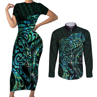 New Zealand Eel Couples Matching Short Sleeve Bodycon Dress and Long Sleeve Button Shirt Tuna Aotearoa Maori With Paua Shell - Turquoise LT14 Turquoise - Polynesian Pride