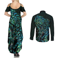 New Zealand Eel Couples Matching Summer Maxi Dress and Long Sleeve Button Shirt Tuna Aotearoa Maori With Paua Shell - Turquoise LT14 - Polynesian Pride