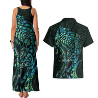 New Zealand Eel Couples Matching Tank Maxi Dress and Hawaiian Shirt Tuna Aotearoa Maori With Paua Shell - Turquoise LT14 - Polynesian Pride