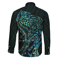 New Zealand Eel Family Matching Off The Shoulder Long Sleeve Dress and Hawaiian Shirt Tuna Aotearoa Maori With Paua Shell - Turquoise LT14 - Polynesian Pride