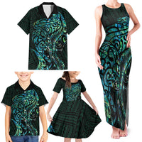 New Zealand Eel Family Matching Tank Maxi Dress and Hawaiian Shirt Tuna Aotearoa Maori With Paua Shell - Turquoise LT14 - Polynesian Pride