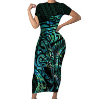 New Zealand Eel Short Sleeve Bodycon Dress Tuna Aotearoa Maori With Paua Shell - Turquoise LT14 Long Dress Turquoise - Polynesian Pride