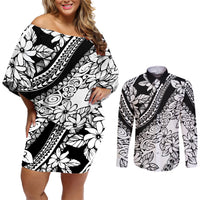 polynesia-couples-matching-off-shoulder-short-dress-and-long-sleeve-button-shirts-polynesian-tropical-flowers-black-pastel-vibes