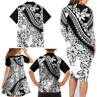 Polynesia Family Matching Long Sleeve Bodycon Dress and Hawaiian Shirt Polynesian Tropical Flowers Black Pastel Vibes LT14 - Polynesian Pride
