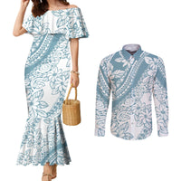 polynesia-couples-matching-mermaid-dress-and-long-sleeve-button-shirts-polynesian-tropical-flowers-blue-pastel-vibes
