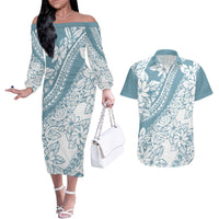 Polynesia Couples Matching Off The Shoulder Long Sleeve Dress and Hawaiian Shirt Polynesian Tropical Flowers Blue Pastel Vibes LT14 Blue - Polynesian Pride