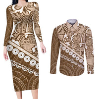 Beige Bula Fiji Couples Matching Long Sleeve Bodycon Dress and Long Sleeve Button Shirt Fijian Language Week Tapa Cloth - Pastel LT14 Beige - Polynesian Pride
