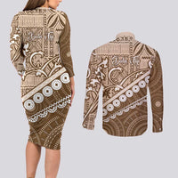 Beige Bula Fiji Couples Matching Long Sleeve Bodycon Dress and Long Sleeve Button Shirt Fijian Language Week Tapa Cloth - Pastel LT14 - Polynesian Pride