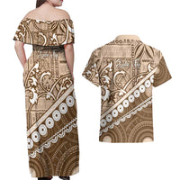 Beige Bula Fiji Couples Matching Off Shoulder Maxi Dress and Hawaiian Shirt Fijian Language Week Tapa Cloth - Pastel LT14 - Polynesian Pride