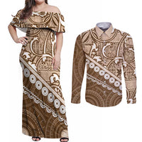 Beige Bula Fiji Couples Matching Off Shoulder Maxi Dress and Long Sleeve Button Shirt Fijian Language Week Tapa Cloth - Pastel LT14 Beige - Polynesian Pride