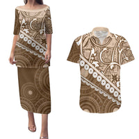 Beige Bula Fiji Couples Matching Puletasi and Hawaiian Shirt Fijian Language Week Tapa Cloth - Pastel LT14 Beige - Polynesian Pride