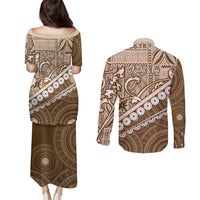 Beige Bula Fiji Couples Matching Puletasi and Long Sleeve Button Shirt Fijian Language Week Tapa Cloth - Pastel LT14 - Polynesian Pride
