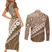 Beige Bula Fiji Couples Matching Short Sleeve Bodycon Dress and Long Sleeve Button Shirt Fijian Language Week Tapa Cloth - Pastel LT14 - Polynesian Pride
