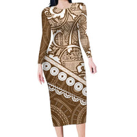 Beige Bula Fiji Family Matching Long Sleeve Bodycon Dress and Hawaiian Shirt Fijian Language Week Tapa Cloth - Pastel LT14 Mom's Dress Beige - Polynesian Pride