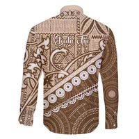 Beige Bula Fiji Family Matching Off The Shoulder Long Sleeve Dress and Hawaiian Shirt Fijian Language Week Tapa Cloth - Pastel LT14 - Polynesian Pride