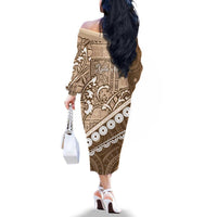 Beige Bula Fiji Family Matching Off The Shoulder Long Sleeve Dress and Hawaiian Shirt Fijian Language Week Tapa Cloth - Pastel LT14 - Polynesian Pride