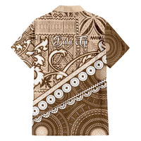 Beige Bula Fiji Family Matching Off Shoulder Maxi Dress and Hawaiian Shirt Fijian Language Week Tapa Cloth - Pastel LT14 - Polynesian Pride