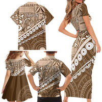 Beige Bula Fiji Family Matching Short Sleeve Bodycon Dress and Hawaiian Shirt Fijian Language Week Tapa Cloth - Pastel LT14 - Polynesian Pride