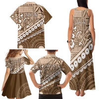 Beige Bula Fiji Family Matching Tank Maxi Dress and Hawaiian Shirt Fijian Language Week Tapa Cloth - Pastel LT14 - Polynesian Pride