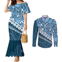 Blue Bula Fiji Couples Matching Mermaid Dress and Long Sleeve Button Shirt Fijian Language Week Tapa Cloth - Pastel LT14 Blue - Polynesian Pride