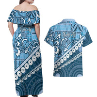 Blue Bula Fiji Couples Matching Off Shoulder Maxi Dress and Hawaiian Shirt Fijian Language Week Tapa Cloth - Pastel LT14 - Polynesian Pride