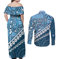 Blue Bula Fiji Couples Matching Off Shoulder Maxi Dress and Long Sleeve Button Shirt Fijian Language Week Tapa Cloth - Pastel LT14 - Polynesian Pride