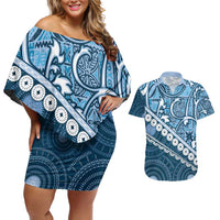 Blue Bula Fiji Couples Matching Off Shoulder Short Dress and Hawaiian Shirt Fijian Language Week Tapa Cloth - Pastel LT14 Blue - Polynesian Pride