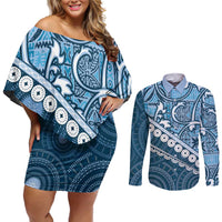Blue Bula Fiji Couples Matching Off Shoulder Short Dress and Long Sleeve Button Shirt Fijian Language Week Tapa Cloth - Pastel LT14 Blue - Polynesian Pride