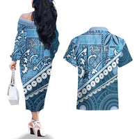 Blue Bula Fiji Couples Matching Off The Shoulder Long Sleeve Dress and Hawaiian Shirt Fijian Language Week Tapa Cloth - Pastel LT14 - Polynesian Pride