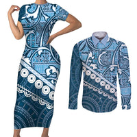 Blue Bula Fiji Couples Matching Short Sleeve Bodycon Dress and Long Sleeve Button Shirt Fijian Language Week Tapa Cloth - Pastel LT14 Blue - Polynesian Pride