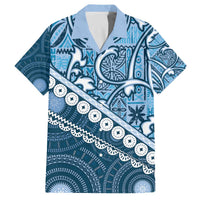 Blue Bula Fiji Family Matching Off The Shoulder Long Sleeve Dress and Hawaiian Shirt Fijian Language Week Tapa Cloth - Pastel LT14 Dad's Shirt - Short Sleeve Blue - Polynesian Pride