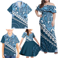 Blue Bula Fiji Family Matching Off Shoulder Maxi Dress and Hawaiian Shirt Fijian Language Week Tapa Cloth - Pastel LT14 - Polynesian Pride