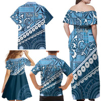 Blue Bula Fiji Family Matching Off Shoulder Maxi Dress and Hawaiian Shirt Fijian Language Week Tapa Cloth - Pastel LT14 - Polynesian Pride