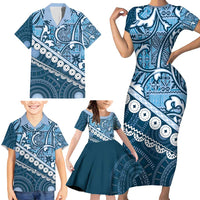 Blue Bula Fiji Family Matching Short Sleeve Bodycon Dress and Hawaiian Shirt Fijian Language Week Tapa Cloth - Pastel LT14 - Polynesian Pride