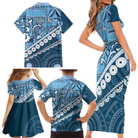 Blue Bula Fiji Family Matching Short Sleeve Bodycon Dress and Hawaiian Shirt Fijian Language Week Tapa Cloth - Pastel LT14 - Polynesian Pride