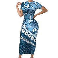 Blue Bula Fiji Family Matching Short Sleeve Bodycon Dress and Hawaiian Shirt Fijian Language Week Tapa Cloth - Pastel LT14 Mom's Dress Blue - Polynesian Pride