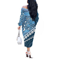 Blue Bula Fiji Off The Shoulder Long Sleeve Dress Fijian Language Week Tapa Cloth - Pastel LT14 - Polynesian Pride
